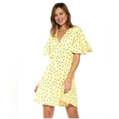 Alexia Admor Oaklee Yellow Floral Faux Wrap Mini Dress Flutter Sleeve Womens L