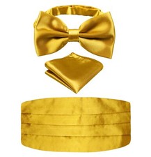 Mens Prom Bow Tie Handkerchief and Cummerbund Set Solid Golden