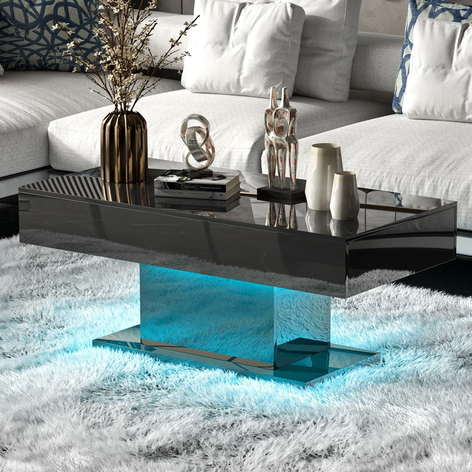 High Glossy Led Coffee Table Living Room Table Rectangular Center Table Black - Image 4 of 4