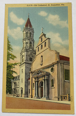 Vintage Linen Postcard ~ Old Catholic Cathedral View ~ St Augustine Florida FL