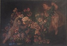 Dipinto Olio su tela (seta) Vaso di fiori con putti. Natura morta. Epoca XVIII.