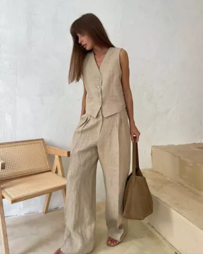 Women's Linen Cotton Vest and Pants Fashionable Summer Two-piece Set - Picture 10 of 25