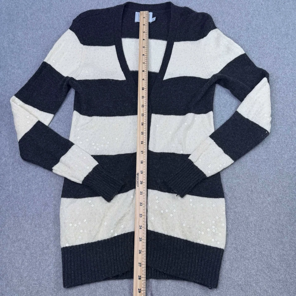 Michael Stars Ivory Gray Stripe Sequin Button Front Cardigan Superfine Wool Sz 2 - Image 4 of 4
