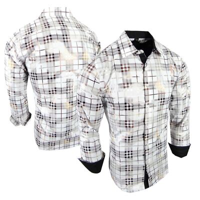Mens Shirt White Plaid Shiny Bronze Gold Foil Striped Button Up Silky Stretch