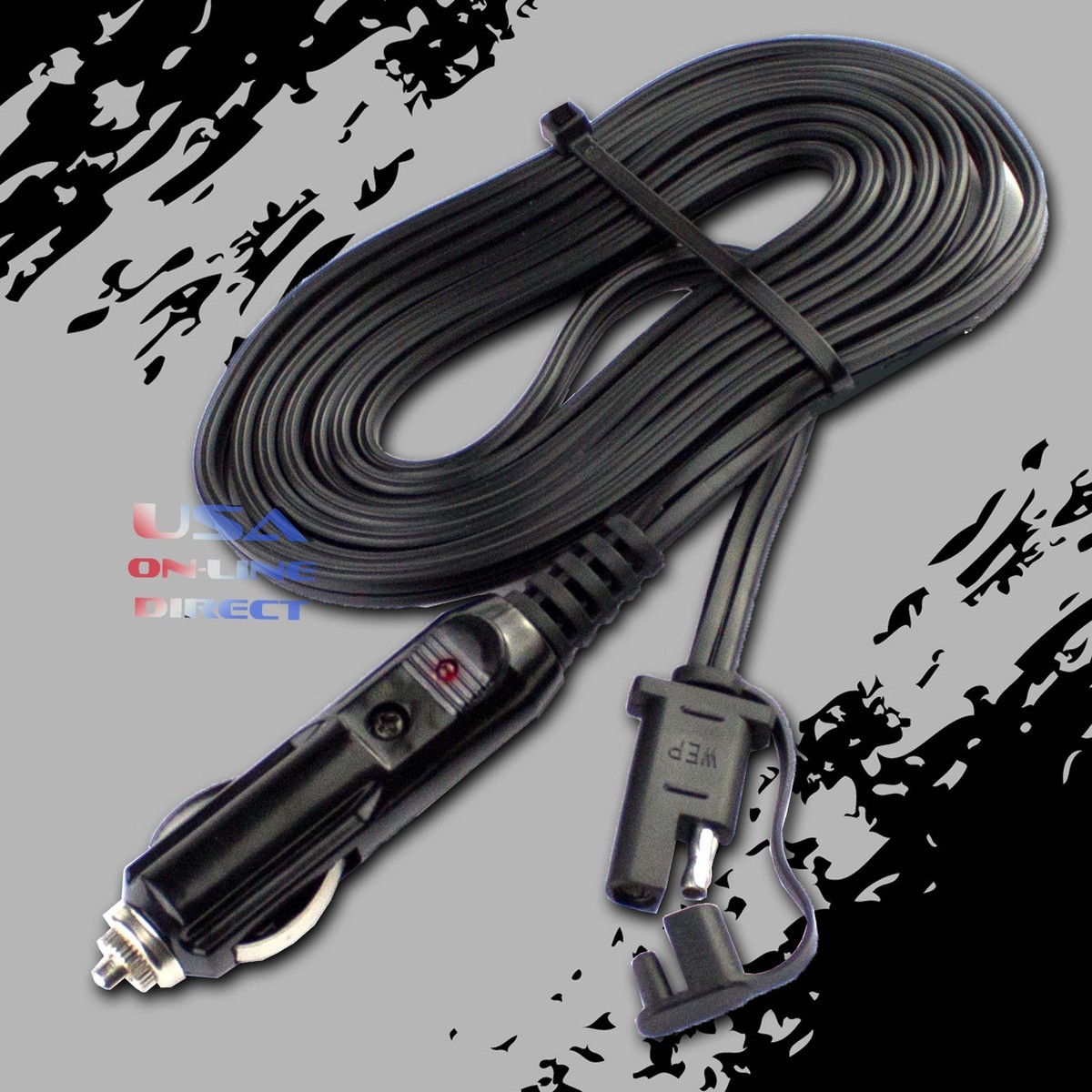 12V Male Car Cigarette Lighter Adapter 3 ft. Battery Charger with Red LED