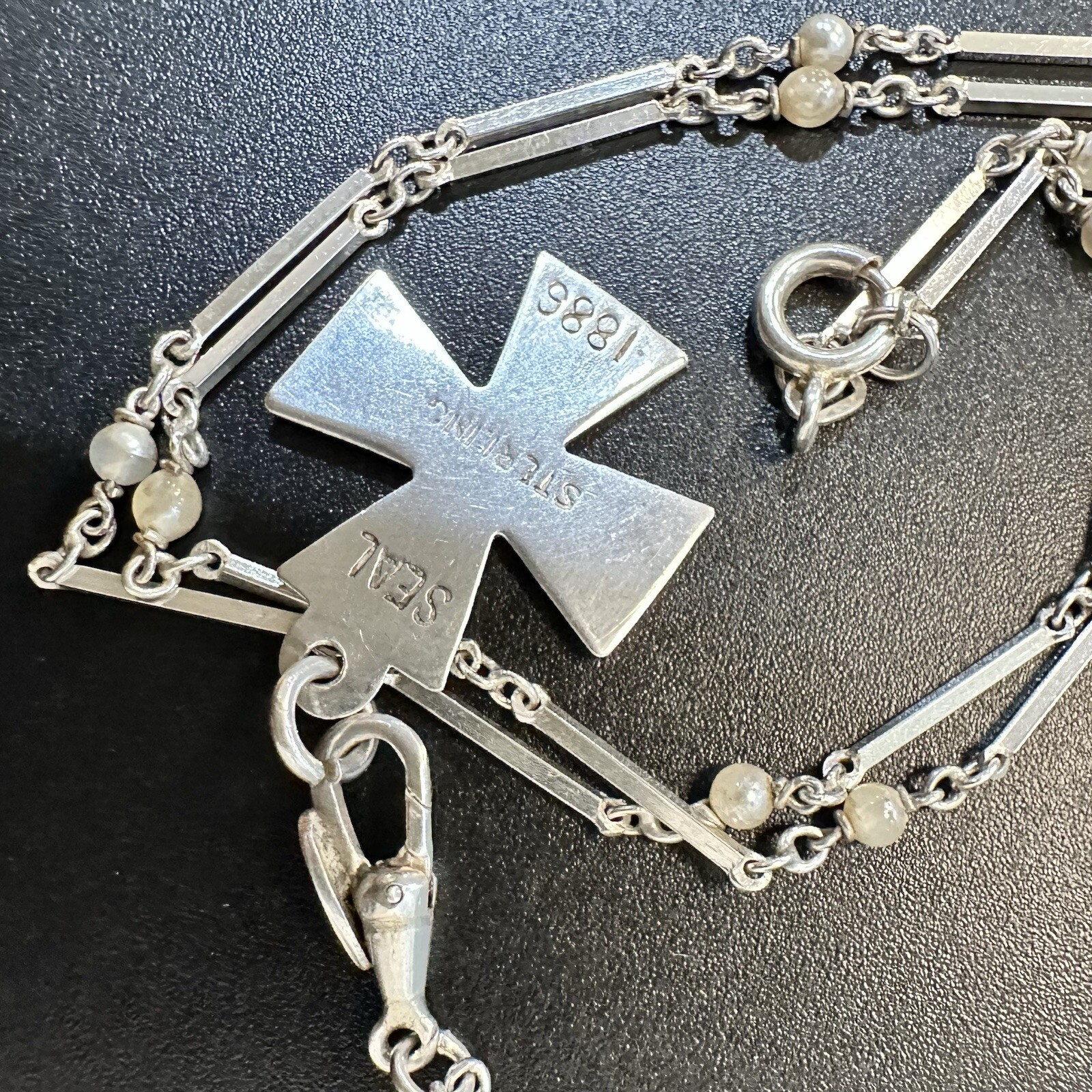 ANTIQUE ESTATE 800 SILVER CHATELAINE NECKLACE 27” w/ STERLING IHN CROSS PENDANT