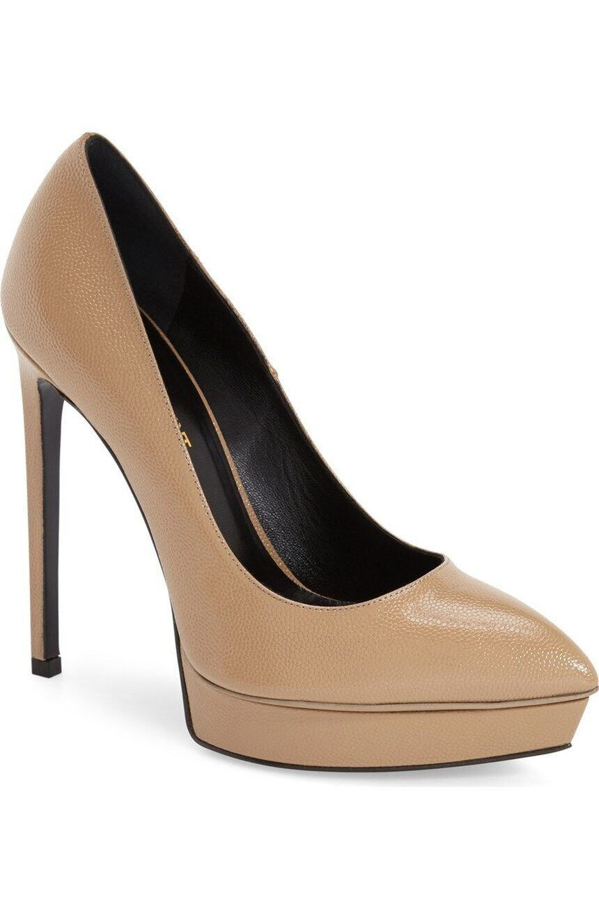 $995 Saint Laurent Janis décolleté a punta in pelle di ciottoli nude scure 37 5