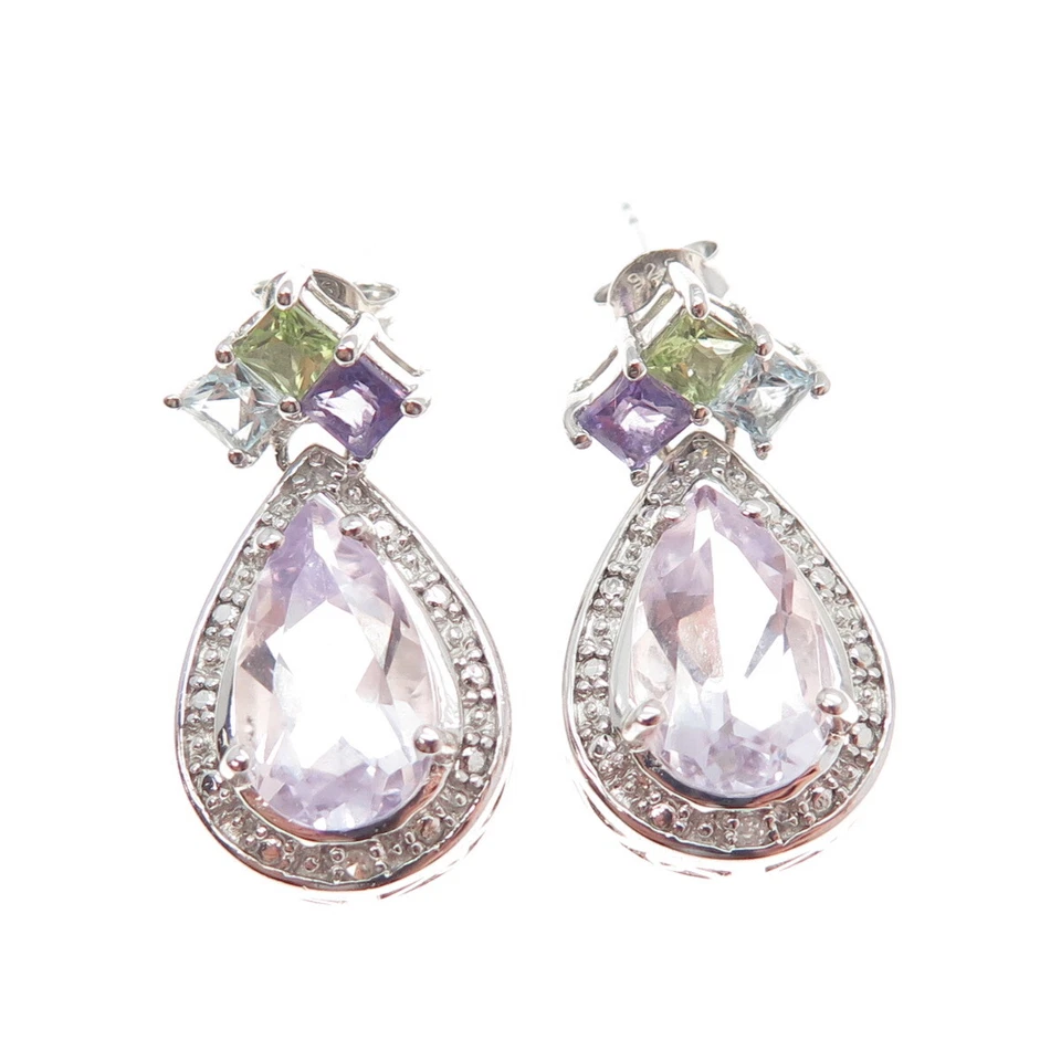 925 Sterling Silver Real Diamond Accent Blue Topaz Peridot & Amethyst Earrings - Image 4 of 4