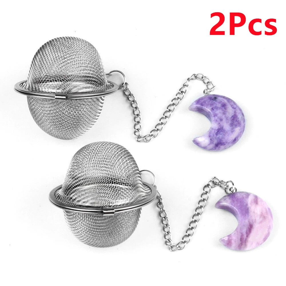 2Pcs Natural Lilac Jasper Moon Stainless Steel Tea Ball Strainer Infusers HT2319