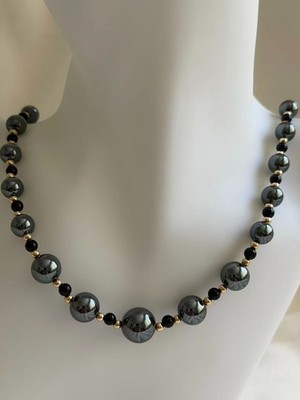 SOLID 14K Yellow Gold Beads & Hematite Necklace 21'' 51g G2 Silver Charleston