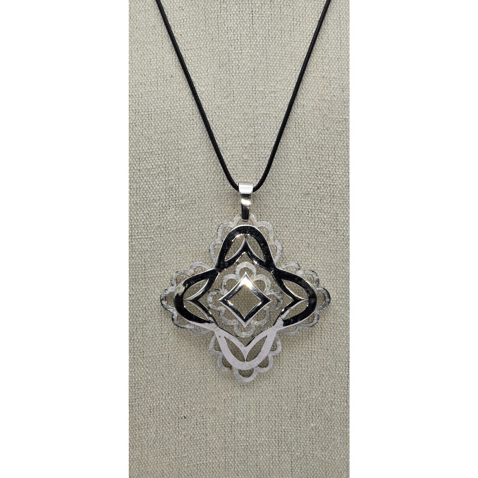 Geometric Silver & Black Enamel Statement Pendant… - image 2