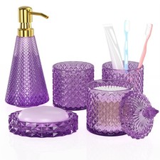 Purple Glass 5-Piece Bathroom Accessories Set - Soap Dispenser, Tumblers, Jar, D
