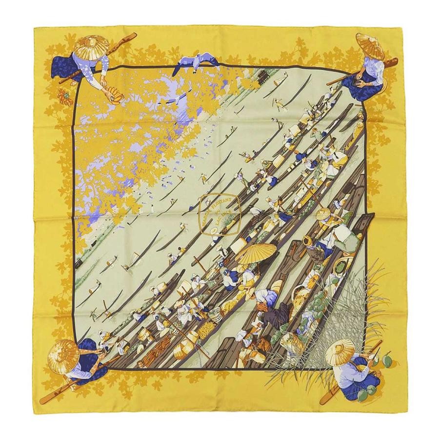 Hermes 90 Marche Flottant Du Lac Inle Silk Scarf Yellow Unisex Preowned