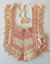 Vintage Crocheted Bib for Baby Doll Pink White with Pink Ribbon Threading