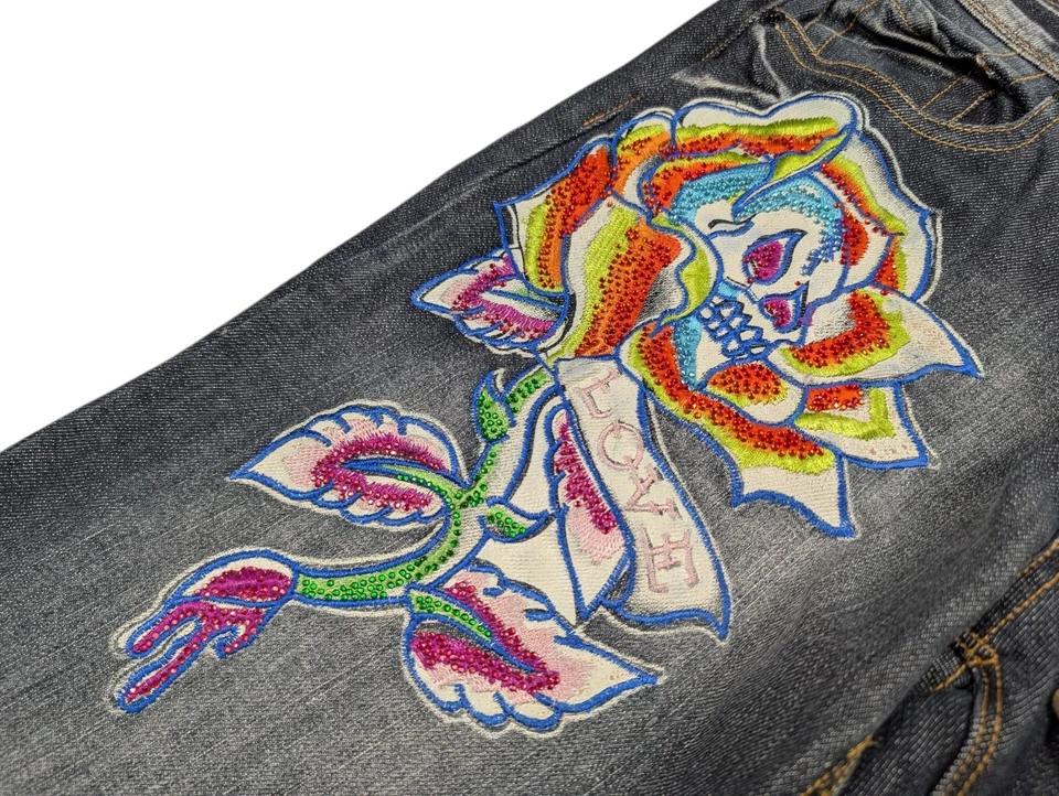 NEW Ed Hardy Straight Jeans Women 27 (31x34) Skull Rose Embroidered Applique Y2K - Image 4 of 4