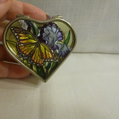 Amia Trinket Box W Stain glass, Mirrored, Butterflies, Hand Painted - Mint