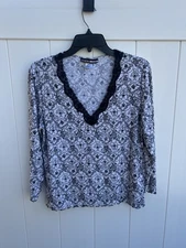 Vintage Studio Donatella Coquette Top Women Black Lace Trim Floral Sz Small