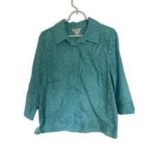 CJ Banks Floral Aqua Blue Button Down 3/4 Sleeve Top Blouse Size X