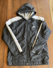 VINTAGE NIKE YOUTH MEDIUM 10-12 BLACK/WHITE HOODED Y2K ZIP UP WINDBREAKER JACKET