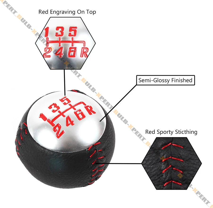 Perilla de cambio redonda de 6 velocidades cromada de cuero con costuras rojas para Nissan Infiniti Foto 4 de 4