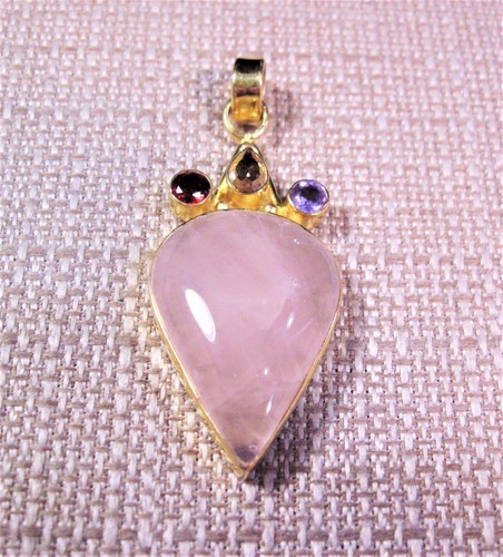 Fancy 18k Gold over 925 Sterling Rose Quartz Amethyst Citrine Garnet Pendant F99 - Picture 3 of 3