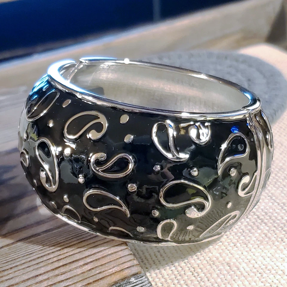 Ретро пейсли эмалированный черный серебряный коренастый широкий шарнирный браслет - Изображение 4 из 4