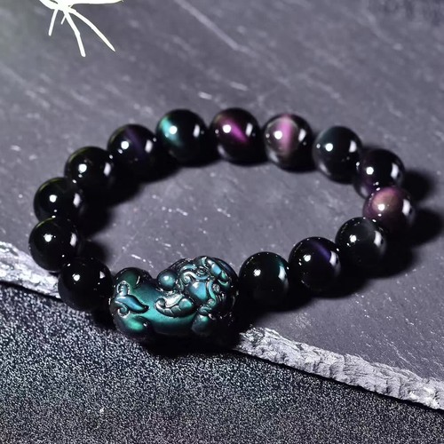 Rainbow Obsidian 12MM Round Bead Pixiu Fengshui Wealth Luck Unisex Bracelet Gift - Afbeelding 1 van 7