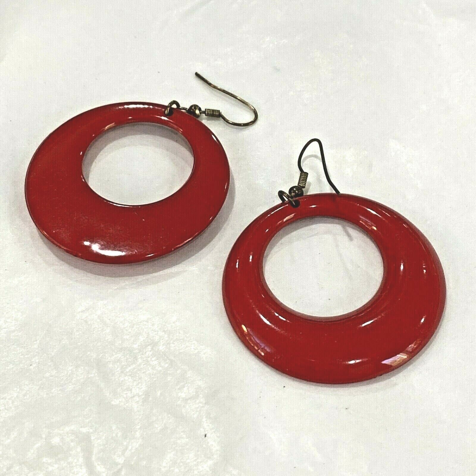 Vintage Pierced Earrings Mod Retro Jewelry Red Plastic Hoops Dro