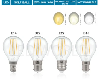 LED Round Golf Ball Bulb 25W 40W SES E14 B22 E27 B15 Warm White Beautiful Light - Image 1 of 4