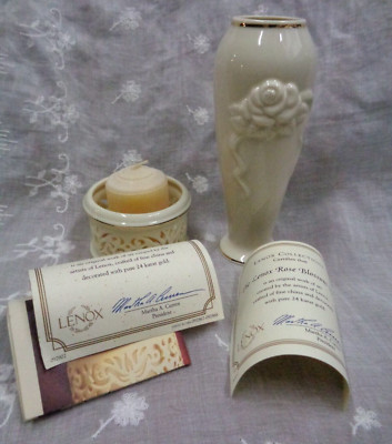 Lot/2 LENOX 24 Karat Gold Trim ~ ROSE BLOSSOM VASE / PIERCED CHINA VOTIVE