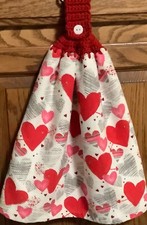 Double hanging kitchen towel Valentine hearts love crocheted red top