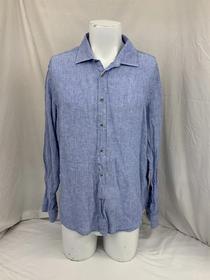 Camisa Report Collection Puño Abatible XL Azul Rayas 100% Lino Resort YGI Q1-122 Foto 2 de 4