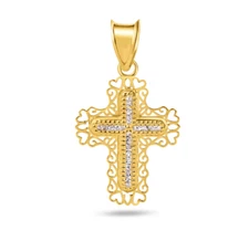 14 Karat Yellow Gold Beaded Cross Cross Pendant Necklace Clear CZ Pendant