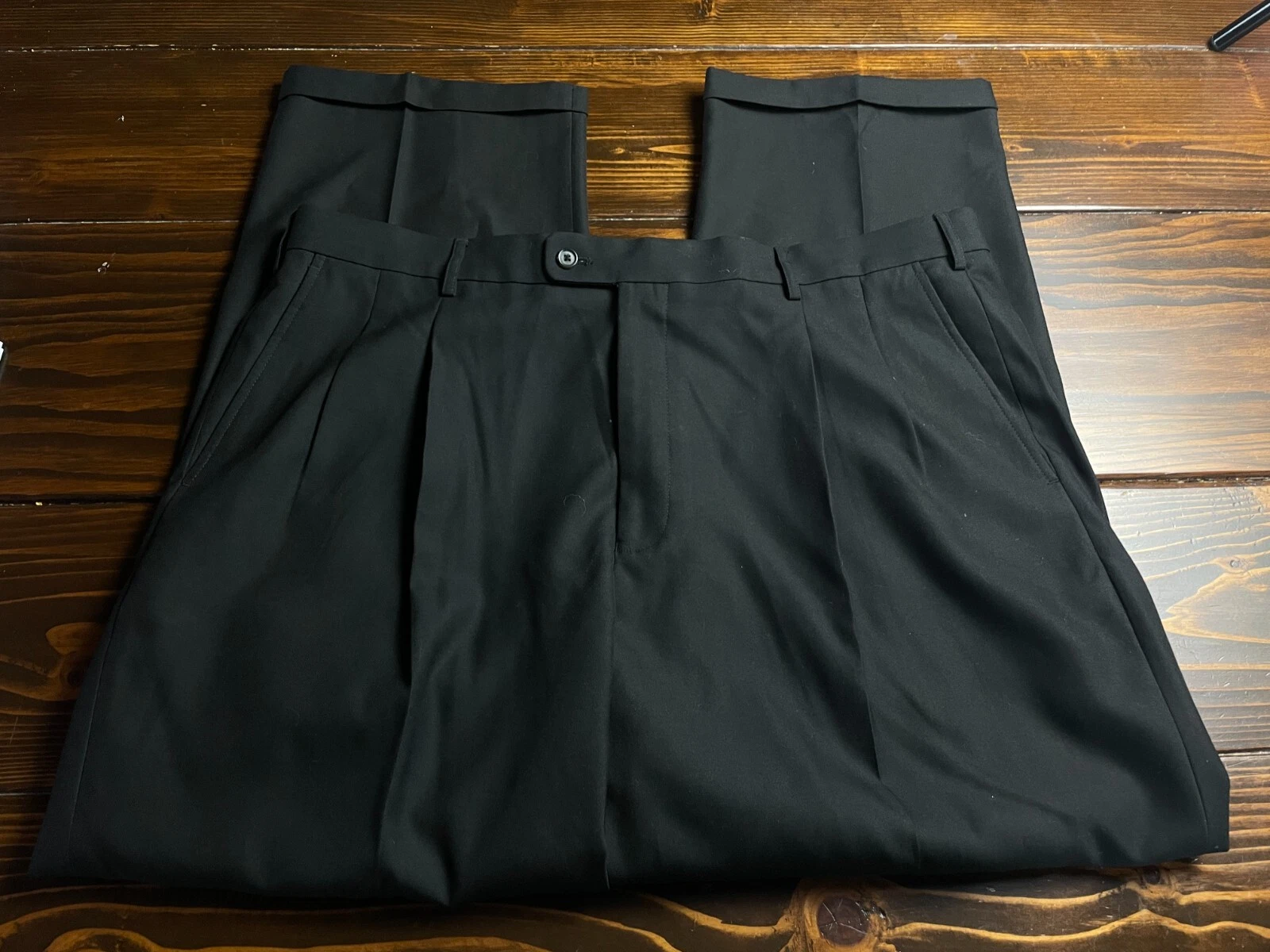 GEORGE Dress Pants Men's Size W42 Black Straight Leg Cuffed Hem Button Pockets