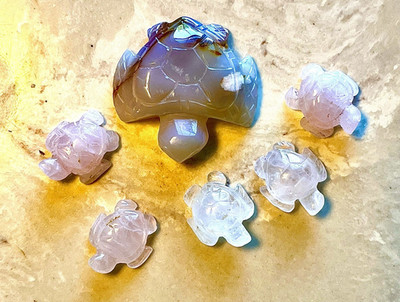 LOT of 6 Flower Agate & Rose Quartz Crystal Gemstone Sea Turtle Mom & Babies Set