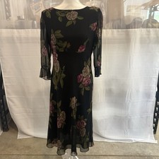Talbots Pure Silk Floral Midi Dress Women Size 12 Black Pink Rose Sheer Sleeves
