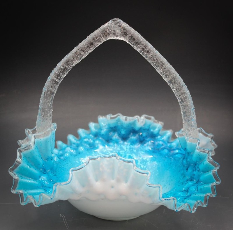 19C Victorian Blue Cased Handled Brides Basket Glass Bowl Ruffled Edges