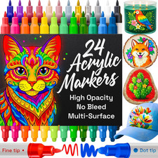 24 Acrylic Paint Markers for Rock, Fabric, Wood, Glass, Decoration - Dual-Tip Pa