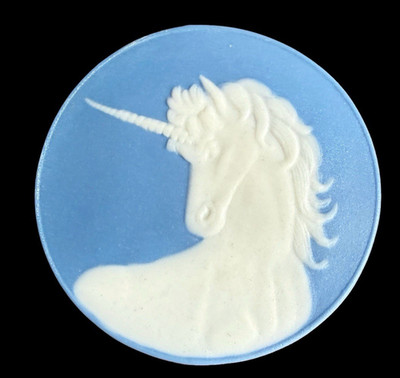 STELLA RZANSKI   JASPERWARE  large button  signed ~UNICORN  1 & 5/ 8  FREE SHIP