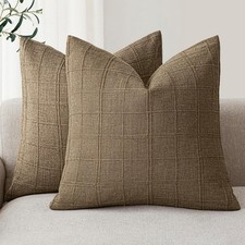 Set of 2 Farmhouse Check Linen Throw Pillow Covers in Neutral Tones