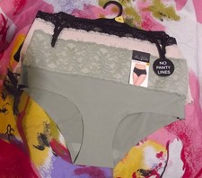 3 NEW PRIMA VALENTINA 77312 LGN/BG NO PANTY LINES LACE PANEL HIPSTER PANTIES M