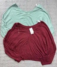 2x Auden Womens Medium Red/Green Long Sleeve Cozy Ribbed Pullover Lounge Top