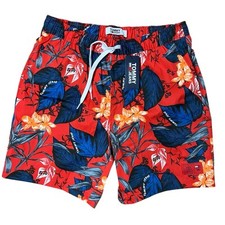 Tommy Jeans Swim Trunk Mens L Red Floral Hawaiian Tropical Resort Wear Vacation