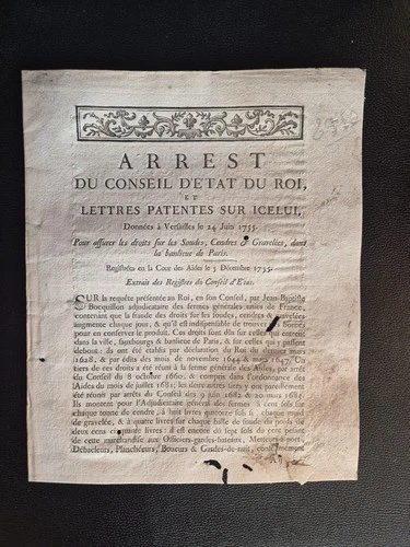 ARREST & LETTRES PATENTES 1755 Soudes Cendres Gravelées Banlieue PARIS Fermes