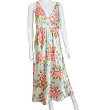 Floral Maxi Dress Womens L Peony Print Silky Satin Y2K Empire Waist Sleeveless