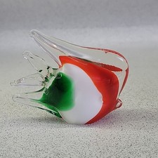 Vintage Glass Fish Murano Style Figurine Paperweight Green White & red Retro