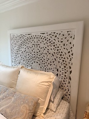 White Wood Queen Bed Frame w/ Carved Headboard & Slat Base