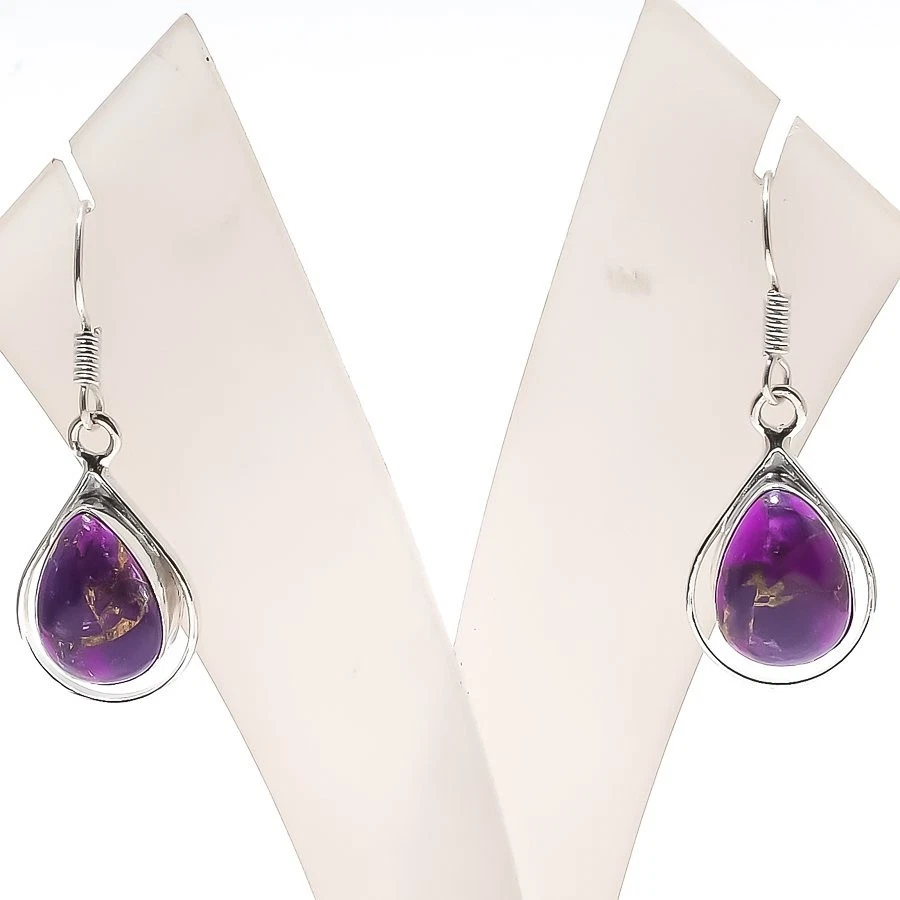 Natural Copper Turquoise Gemstone Handmade 925 Starling Silver Earring Size 1.6" - Image 1 of 1