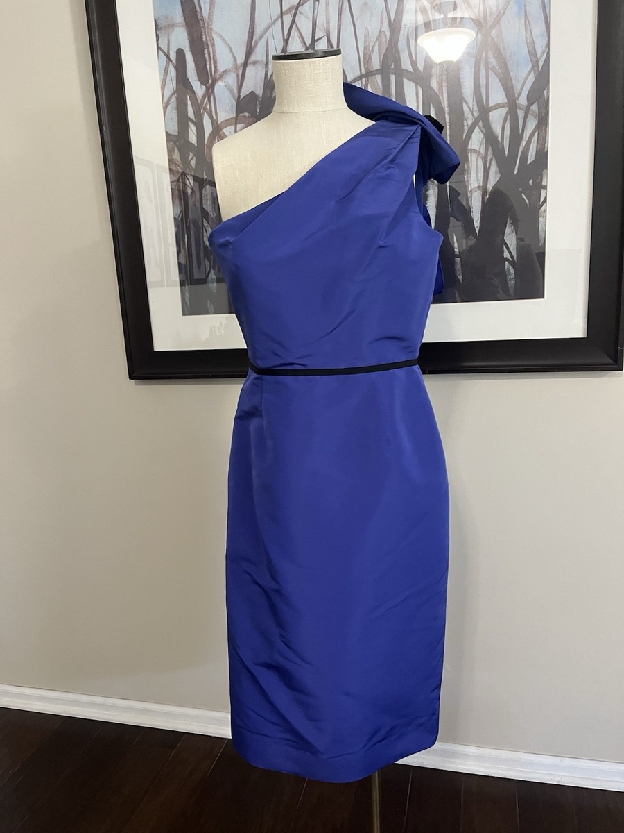 Stunning-Carolina Herrera One-Shoulder Cocktail Dress 100% Silk-Sz  8-Blue/Black