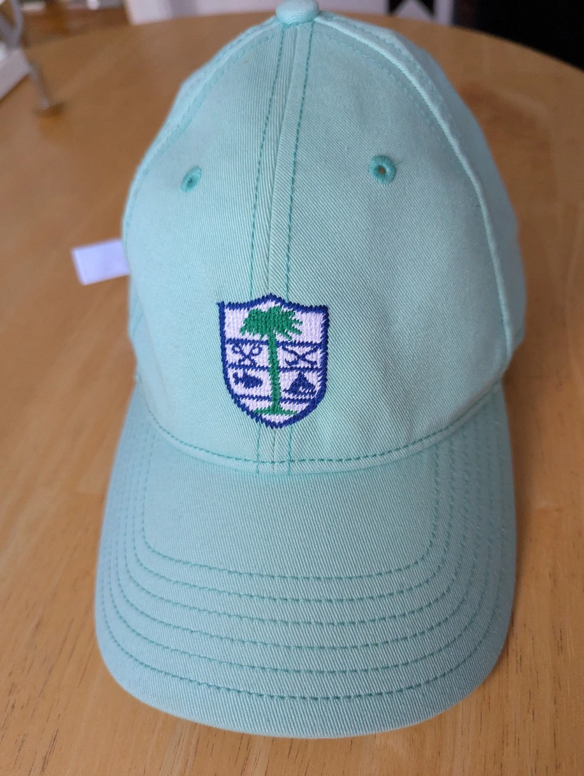 Harding Lane Needlepoint Hat Mint Green Palm Tree Crest Sailing Preppy Golf Cap
